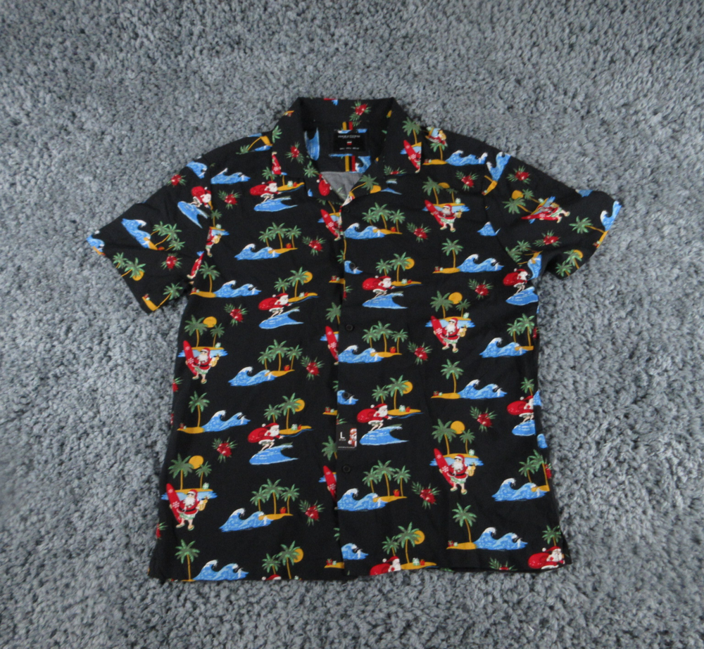Denim & Flower Shirt Mens Large Black Beach Santa Surfing Short Sleeve Button Up
